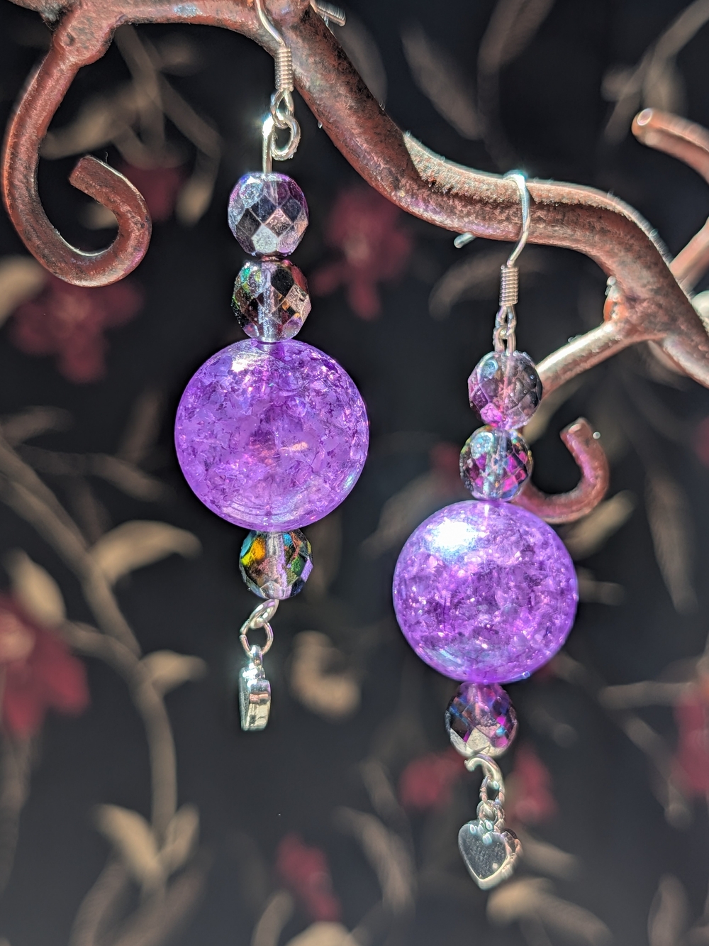 Sparkly Purple Crystal Ball Dangly Earrings Handmade